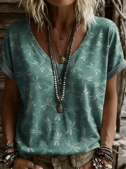 Women's Retro Dragonfly Art Print Casual Short-sleeve V-neck T-shirt