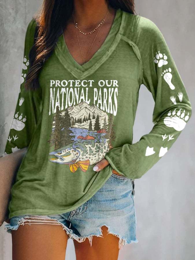 Women's Protect Our National Parks Print V Neck T-Shirt