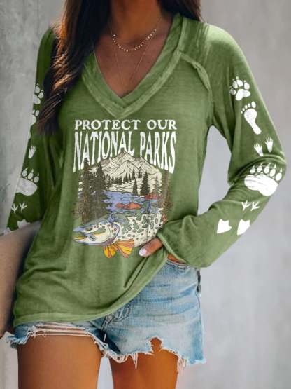 Women's Protect Our National Parks Print V Neck T-Shirt