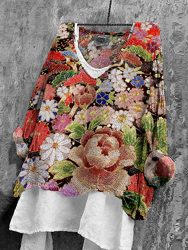 Women's Japanese Flower Art V-neck Linen Blend Shirt