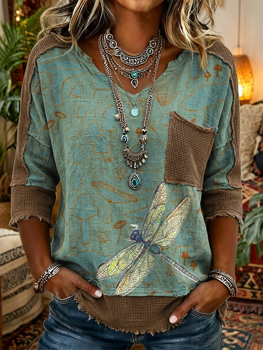 Women's Retro Dragonfly Art Print Casual Three-quarter Sleeve V-neck Patchwork Cotton Linen Top