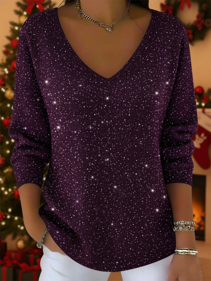 Women's V-neck Solid Color Loose Shiny Sweater