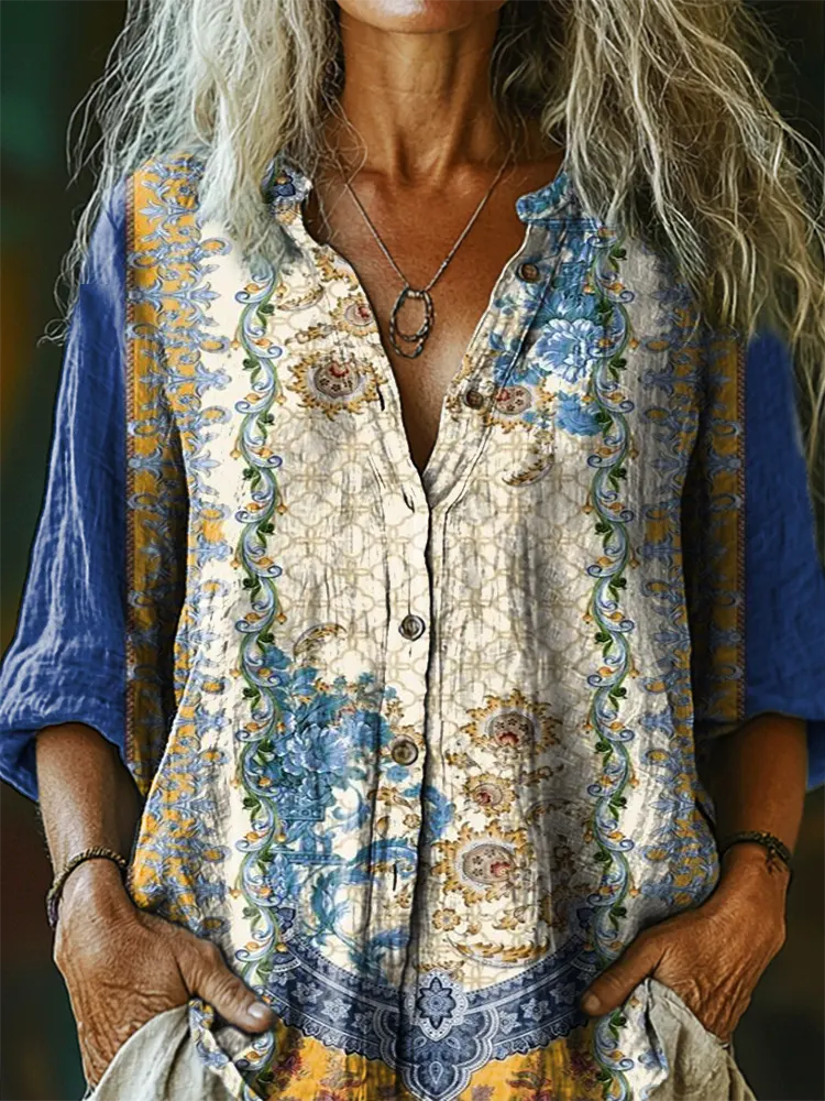 Women's Vintage Ethnic Floral Pattern Art Print Casual Cotton-Linen Blend Shirt