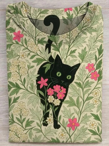 Retro Cat Flowers Art Print Casual Pure Cotton Short Sleeved T-shirt