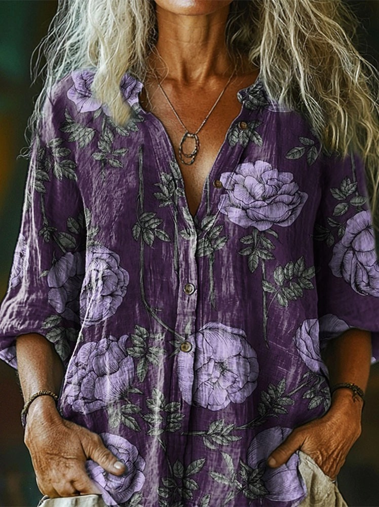 Women's Vintage National Floral Purple Art Print Casual Cotton Linen S