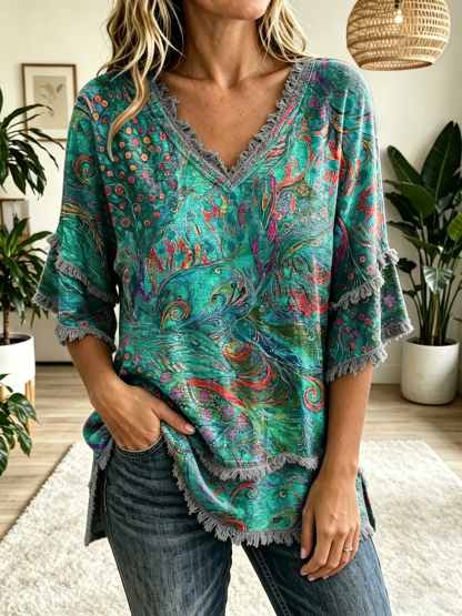 Women's Folk Floral Art Print V-Neck Tasseled Cotton Top