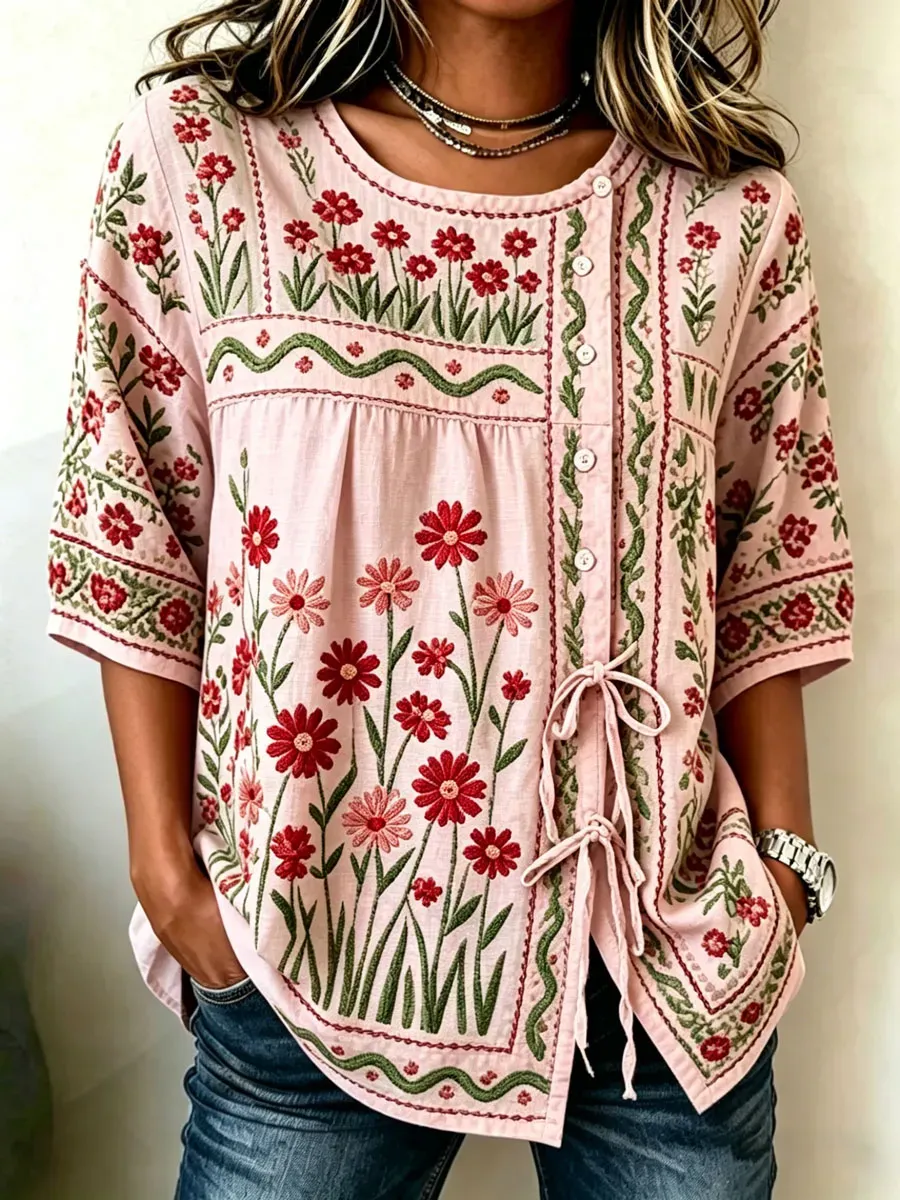 Women'S Cotton And Linen Casual Striped Print Top