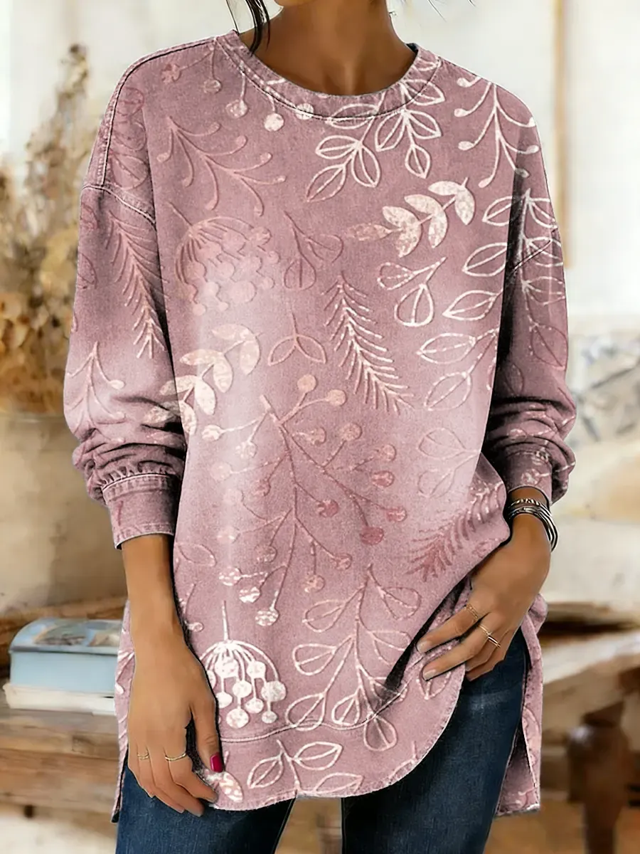 Women's Floral Art Print Casual Washed Cotton Denim Sweatshirt