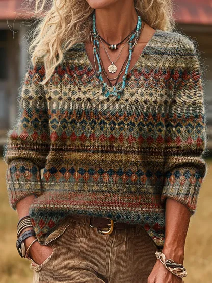 Unisex Retro Ethnic Striped Art Print Casual Long-Sleeve V-Neck Wool Blend Knit Sweater