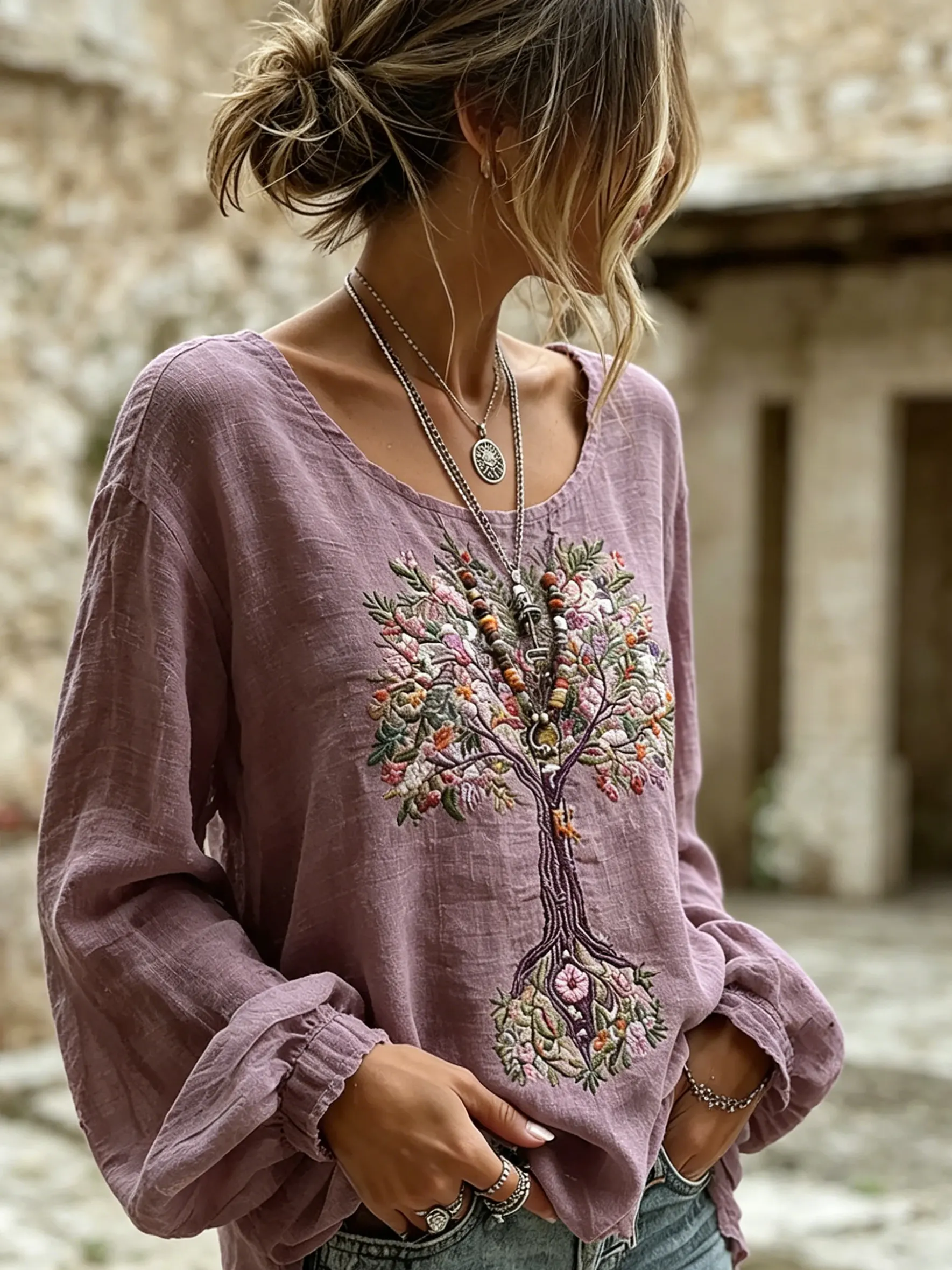 Women's Casual Long-sleeve T-shirt With Floral And Tree Art Print
