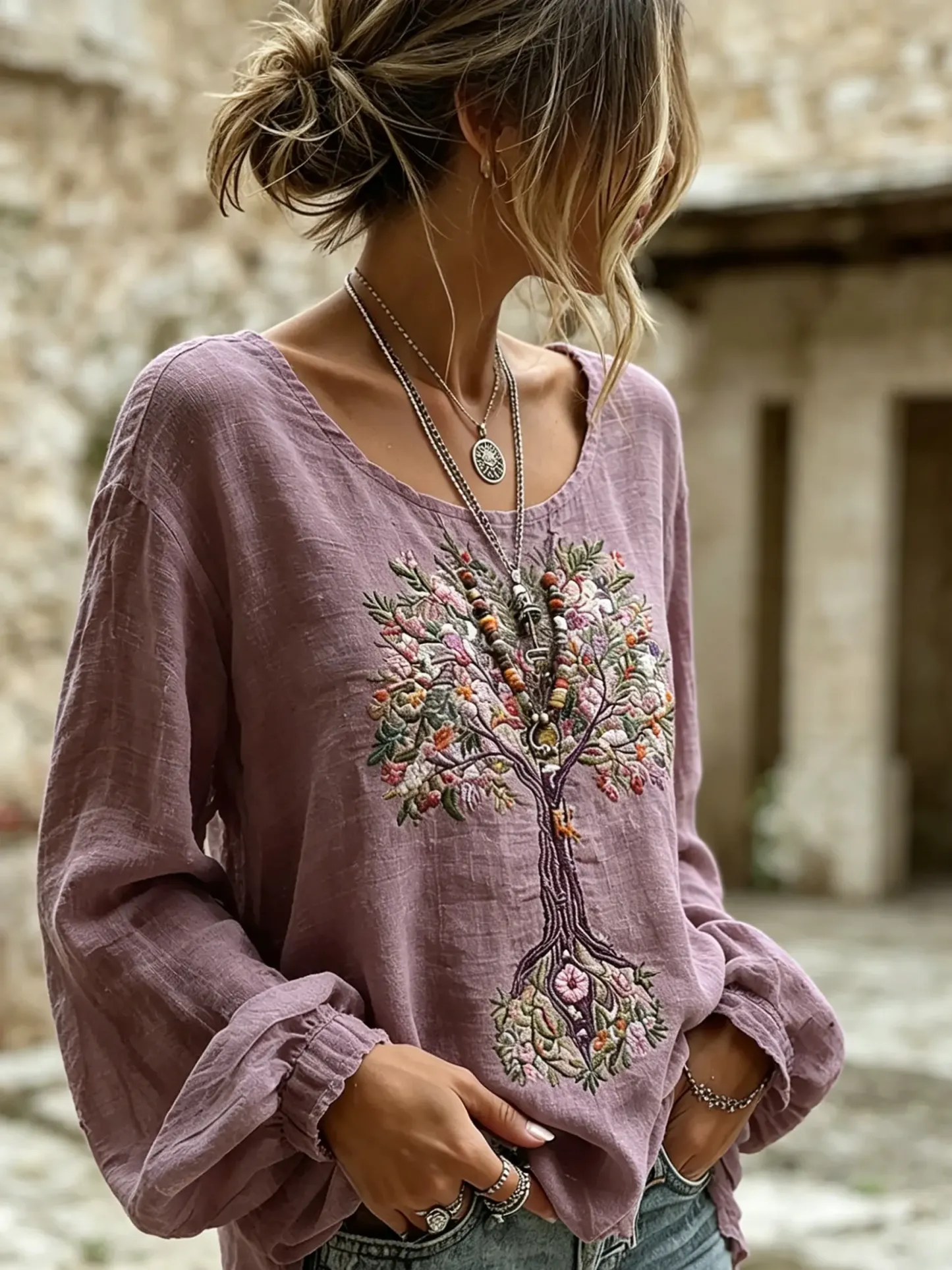 Women's Casual Long-sleeve T-shirt With Floral And Tree Art Print