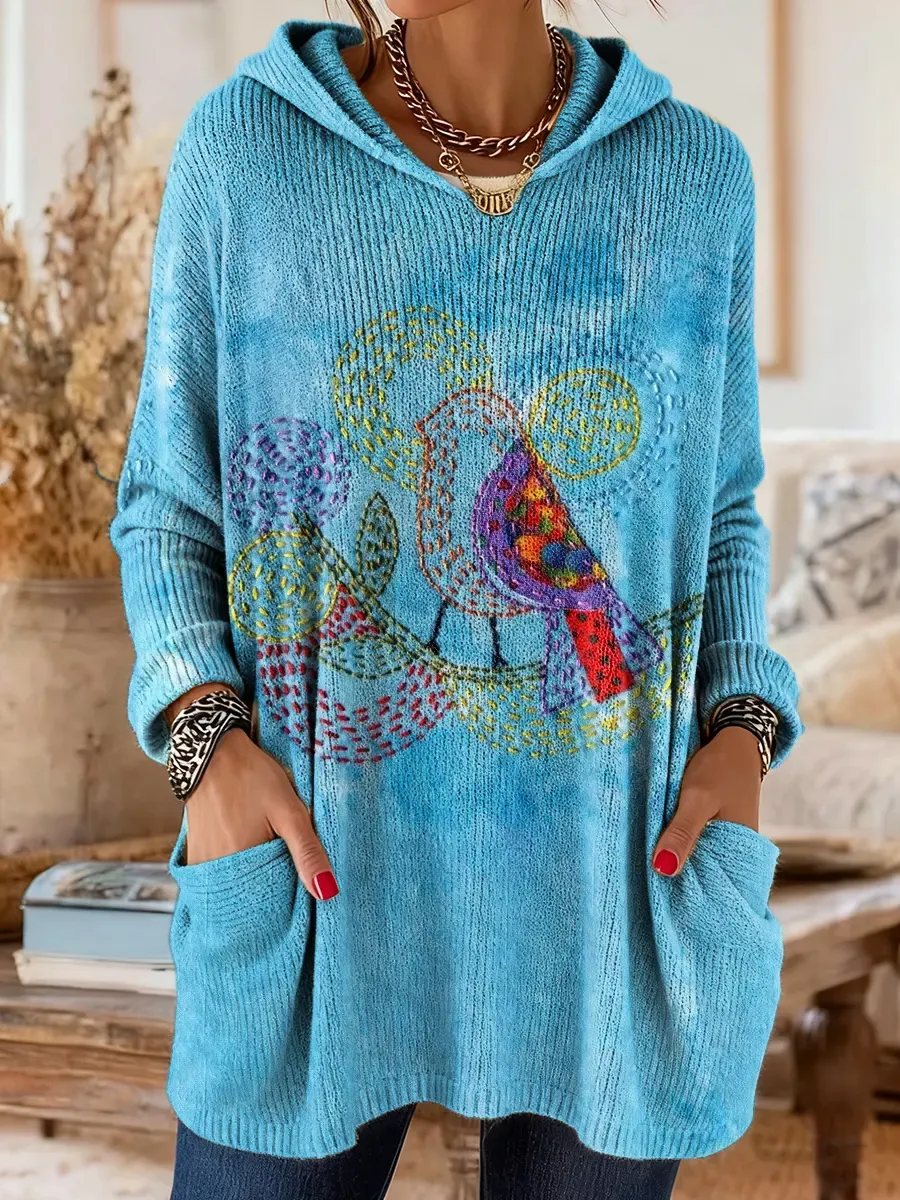 Women's Art Print Casual Knit Hoodie With Pockets And Bird-patterned D