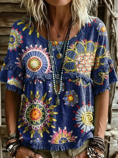 Women's Hippie-Textured Patchwork Floral Art Print Casual Crew Neck Top