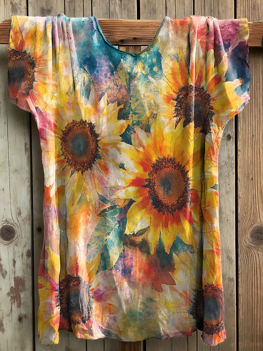 Women's Watercolor Sunflower Art Print Crew Neck Cotton T-Shirt