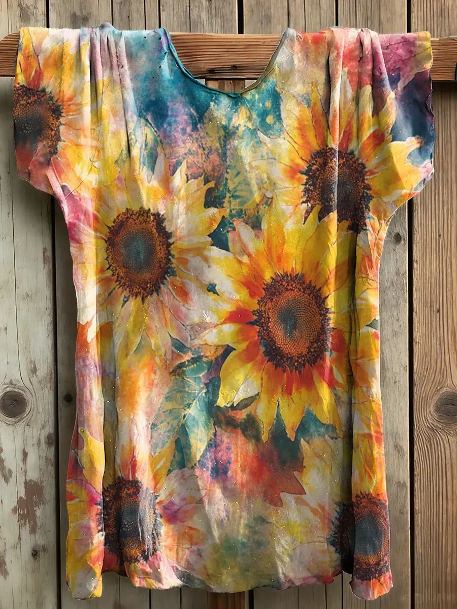 Women's Watercolor Sunflower Art Print Crew Neck Cotton T-Shirt