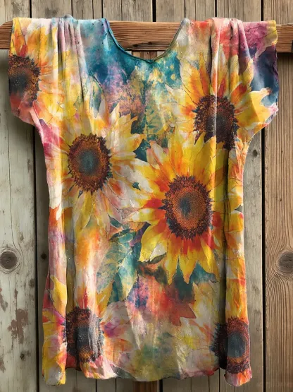 Women's Watercolor Sunflower Art Print Crew Neck Cotton T-Shirt