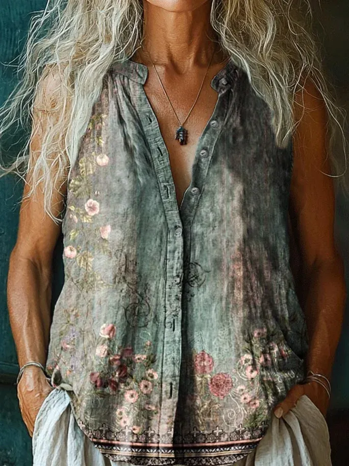 Women's Vintage Ethnic Floral Print 100%Cotton V-neck T-Shirt