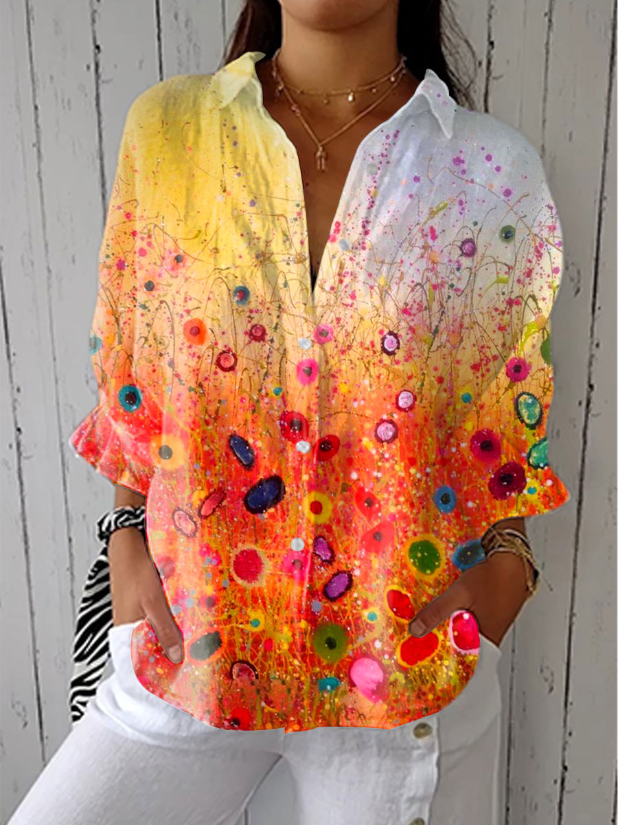 Women's Vintage Gradient Floral Art  Print Casual Linen V-neck Shirt