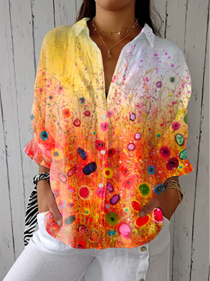 Women's Vintage Gradient Floral Art  Print Casual Linen V-neck Shirt