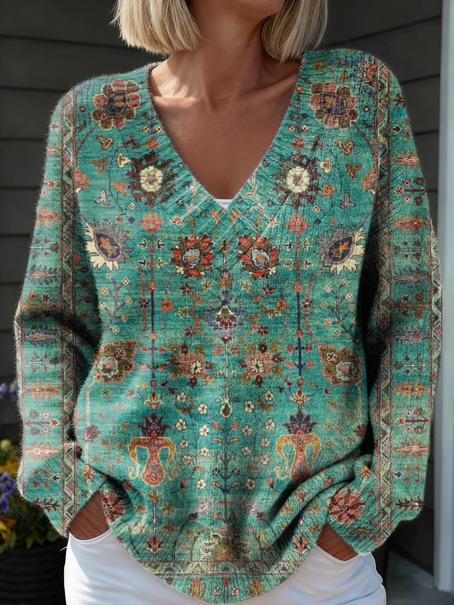 Unisex Vintage Ethnic Art Print Long-sleeved V-neck Wool Blend Knitted Sweater