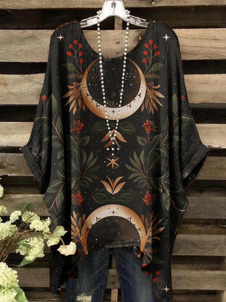 Women's Vintage Moon Floral Mystery Print Casual Short Sleeve Top