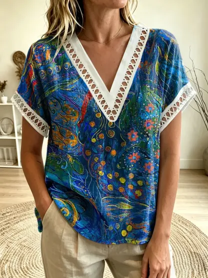 Women's Floral Print V-Neck Cutout Trim Short Sleeve Top