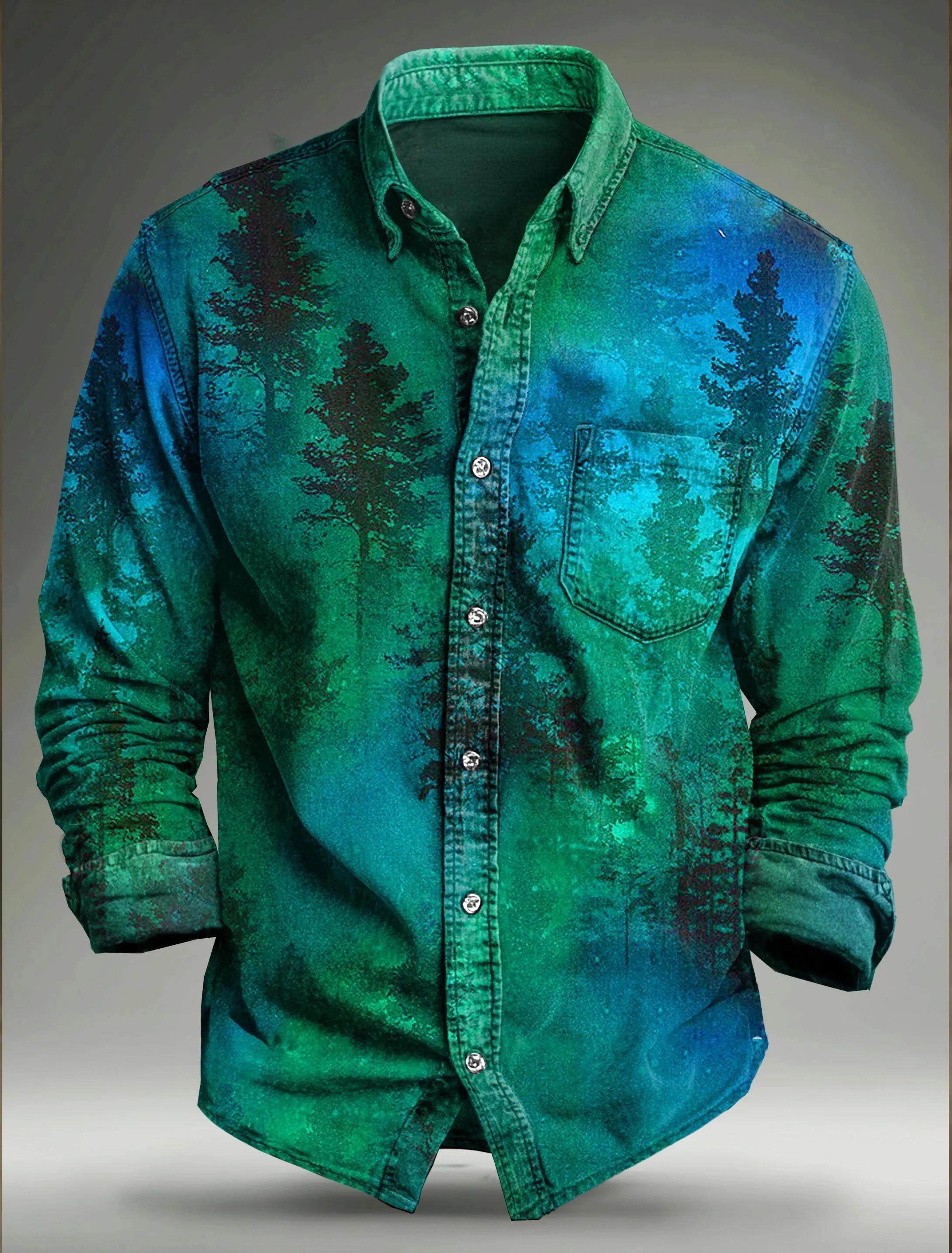 Glowing Forest Tree Emerald Green Art Print Cotton Long Sleeve Shirt