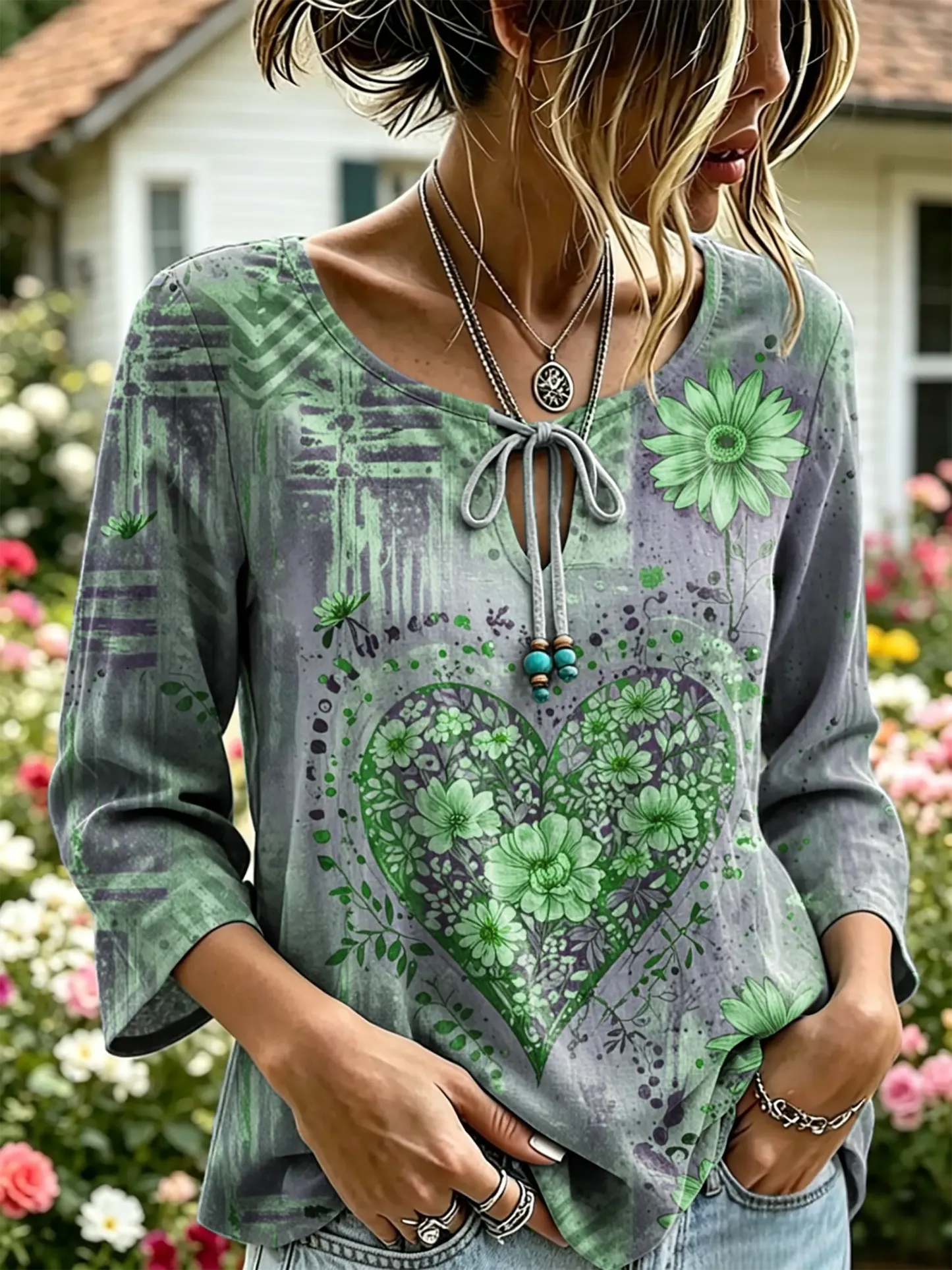 Women's Vintage Heart Floral Print Tie-Neck 3/4 Sleeve Top