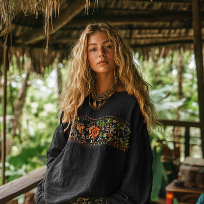 Retro Bohemian Art Print Cotton And Linen Blend Loose Blouse