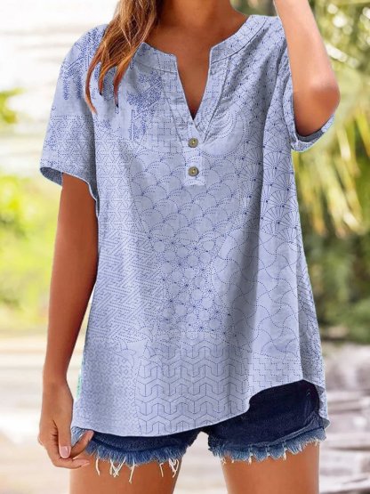 Women's Casual Retro Floral Cotton And Linen Shirt
