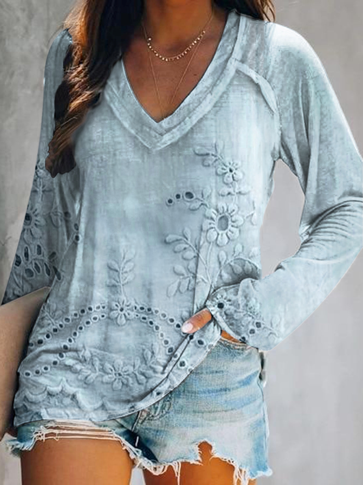 Women's Vintage Floral Texture Art Print V Neck Long Sleeve Tops