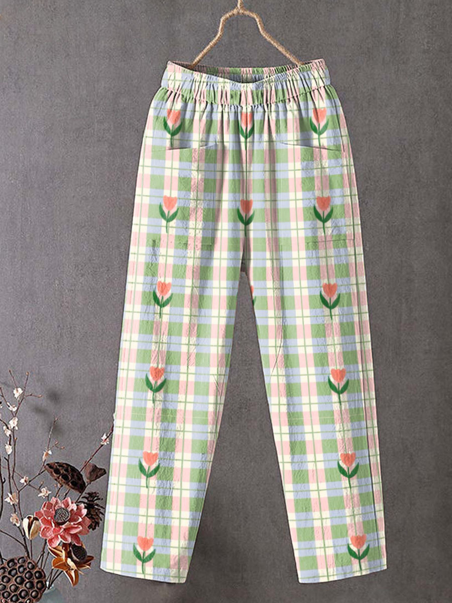 Women's Lovely Floral Plaid Pattern Art Printed Cotton And Linen Casua