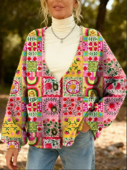 Women's Bohemian Floral Art Print Cardigan with Pockets
