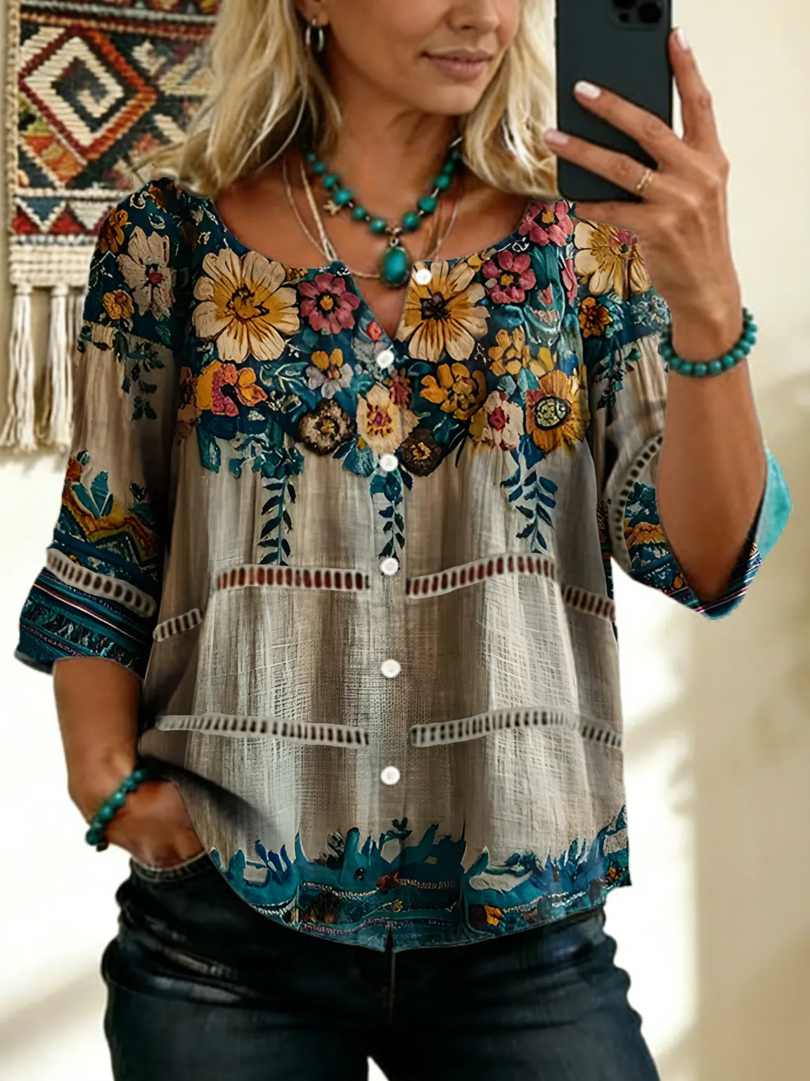 Women's Vintage Floral Art Print Tie-front Button-up Cotton-linen Blend Short-sleeve Shirt