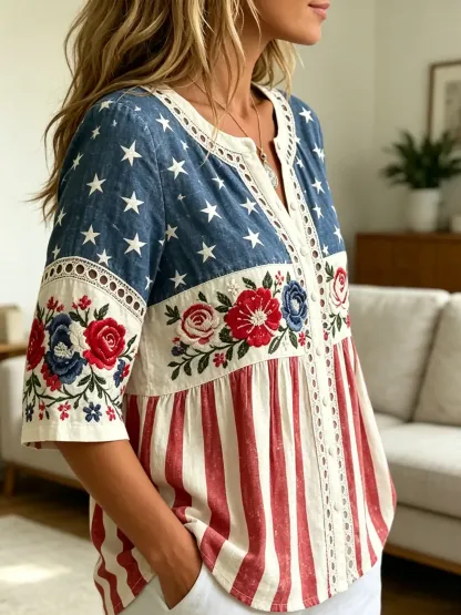 Women's American Flag Floral Art Print Top With Lace Trim