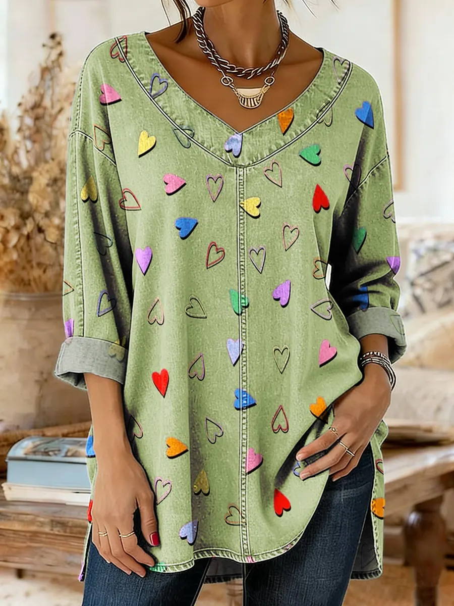 Women's Valentine's Day Heart Shape Art Print Casual Washed Denim Cotton Top