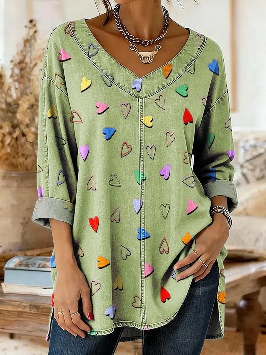 Women's Valentine's Day Heart Shape Art Print Casual Washed Denim Cotton Top