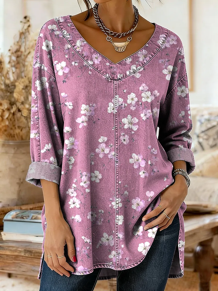 Women's Vintage Ethnic Pink Floral Art Print Casual V-neck Long Sleeve