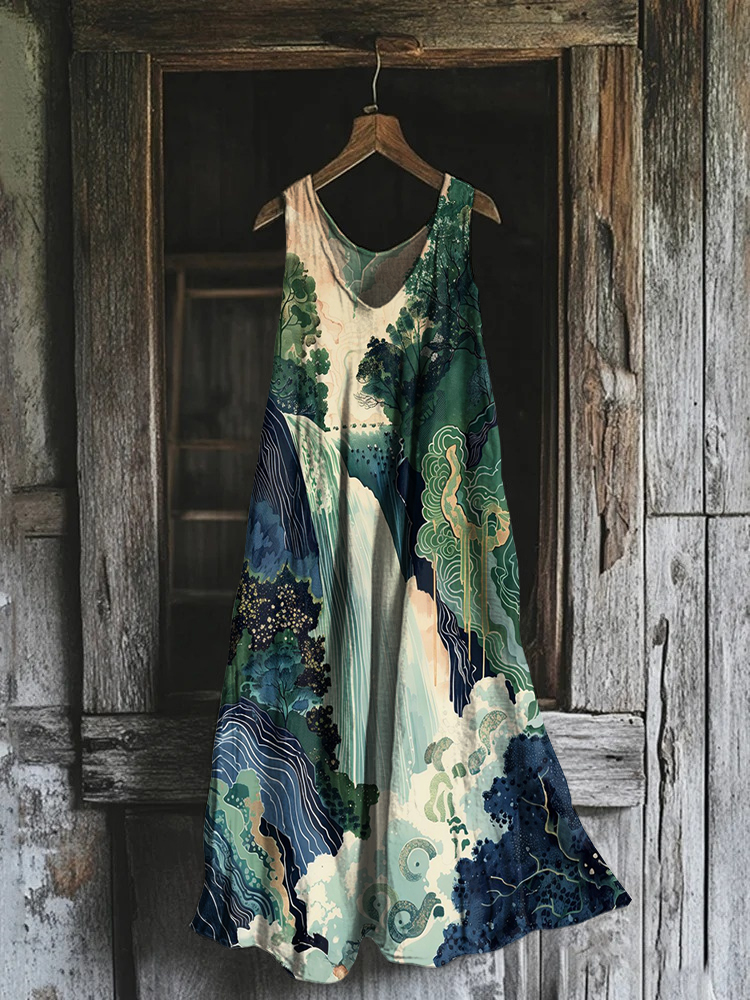 Hokusai Ukiyo-e Waterfall Art Landscape Cotton Linen Comfy Tank Dress
