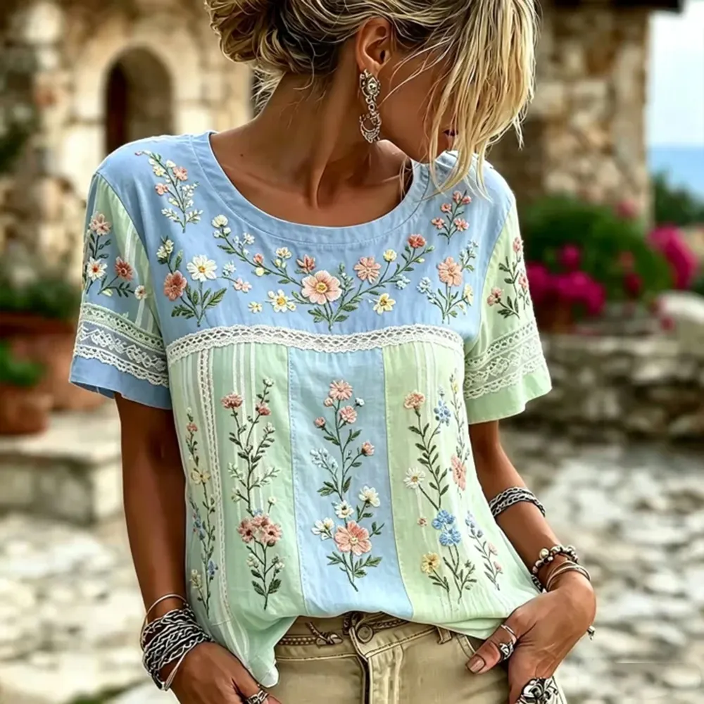 Vintage Floral Vine 3d Art Embroidery Patchwork Cotton Linen Distressed Crew Neck Short Sleeve Top
