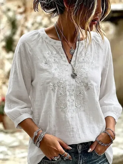 Women's Retro Flowers Embroidered V-neck Cotton And Linen Shirt