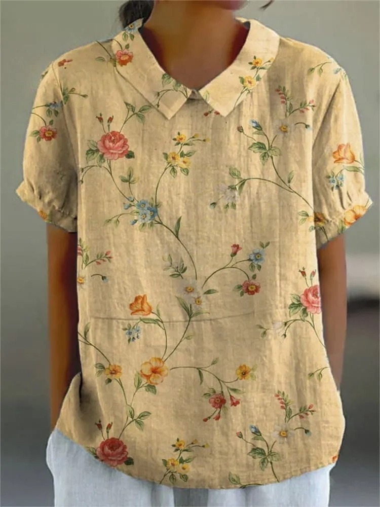 Women's Retro Floral Art Print Casual Cotton And Linen Shirt