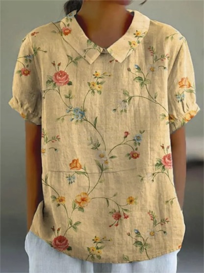 Women's Retro Floral Art Print Casual Cotton And Linen Shirt