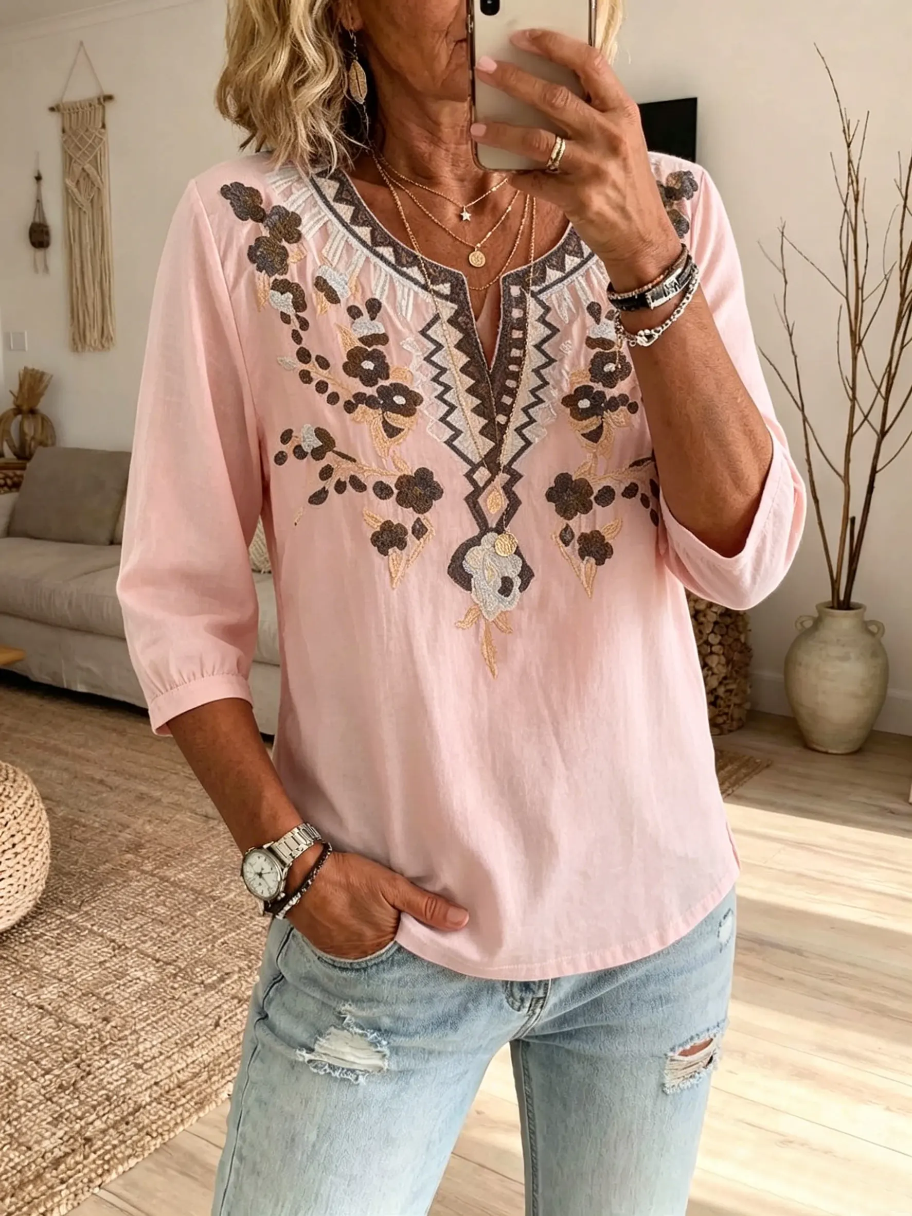 Women's Boho Floral V-Neck 3/4 Sleeve Top