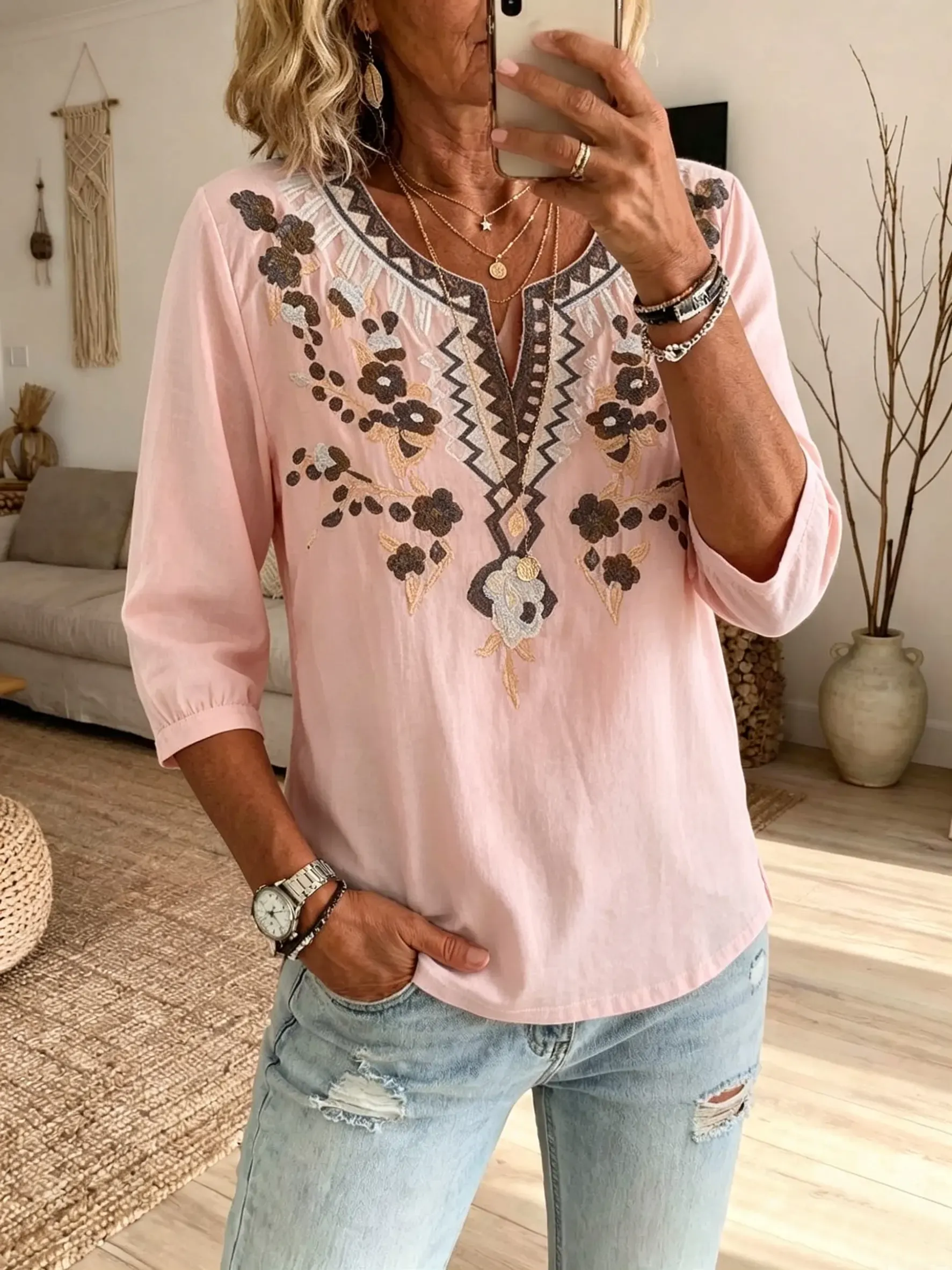 Women's Boho Floral V-Neck 3/4 Sleeve Top