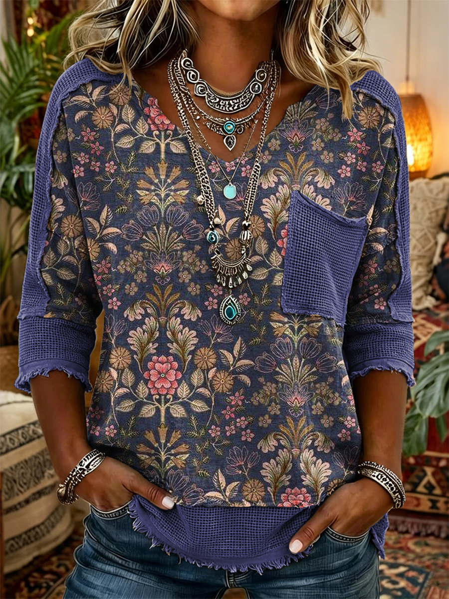 Women's Retro Ethnic Floral Art Print Casual Three-quarter Sleeve V-neck Patchwork Cotton Linen Shirt