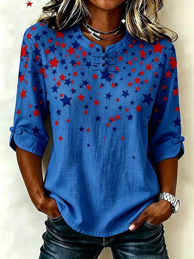 Women's Retro America's 250th Anniversary American Flag Print Button-Up Top