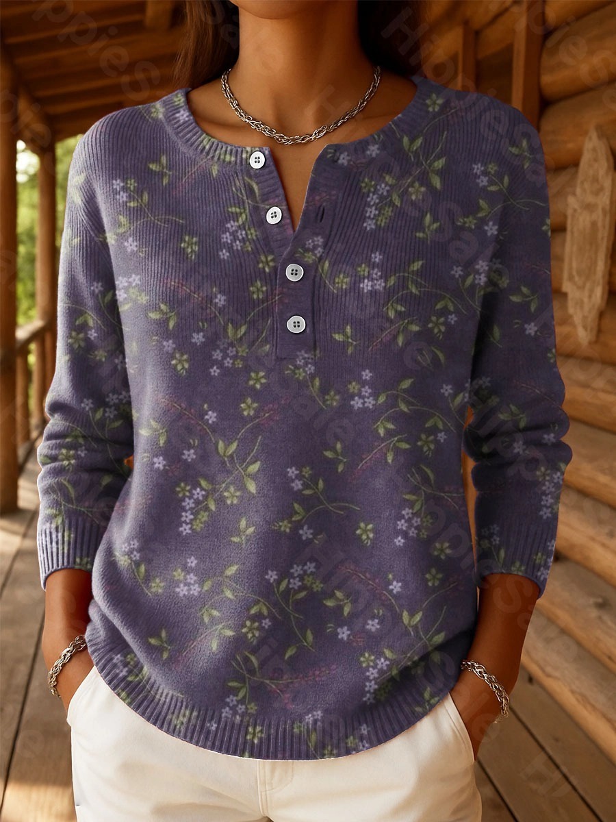 Women's Vintage National Flower Purple Art Print Buttoned Cardigan Sweater