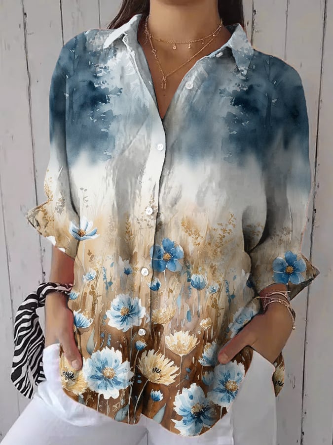 Women's Forest Watercolor Print Casual Lapel Shirt