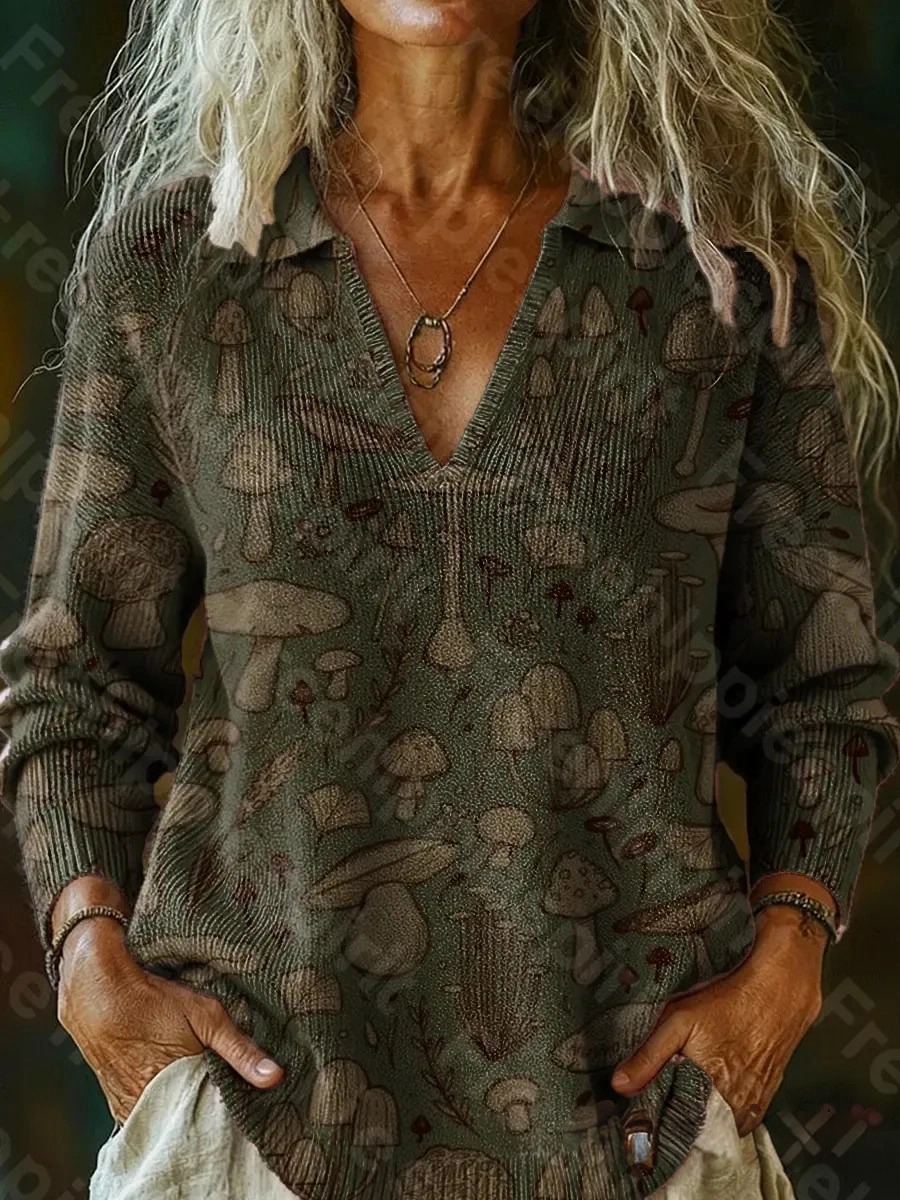 Women's Retro Mushroom Art Print Casual V-Neck Knit Top